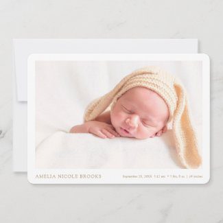 Simple modern baby announcement cards with photo, borders and gold text.
