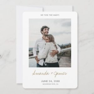 Simple modern we tied the knot announcements with photo and names in gold script.