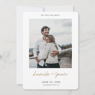 Simple modern we tied the knot announcements with photo and names in gold script.