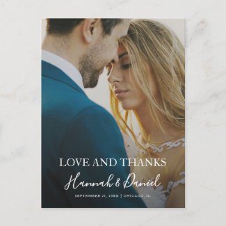 Wedding thank you postcards with full photo and modern white script.