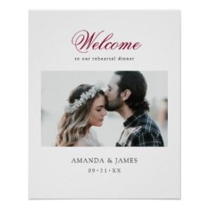 Elegant modern wedding rehearsal dinner poster with welcome in burgundy script.