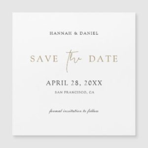 Minimalist save the date magnets with gold typography.