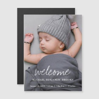 Baby photo announcement magnets with modern white welcome script.