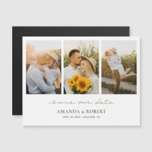 Photo collage save the date magnets with save our date script in gold.