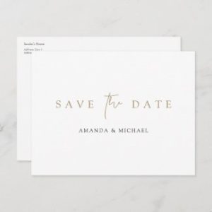 Simple save the date postcard without photo with modern gold typography.