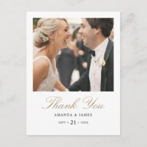 Photo wedding thank you postcard with elegant gold typography.