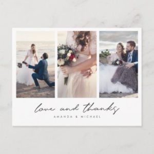Photo collage wedding thank you postcard with 'love and thanks' in a casual modern script.