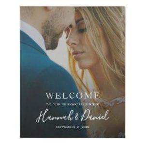 faux canvas rehearsal dinner welcome sign with full photo.