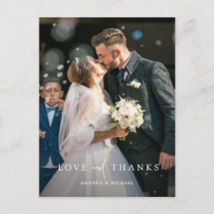 Wedding photo thank you postcard with cusomizable modern white typography.